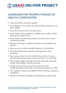 Poster on proper storage guidelines for health commodities serves as a reminder for NTD warehouse staff.  Credit: USAID | DELIVER PROJECT, 2008