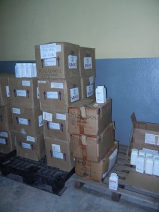 Boxes of NTD medicines atop wooden pallets, protecting them from contamination and dirt from the floor.  Photo: Paula Nersesian, JSI